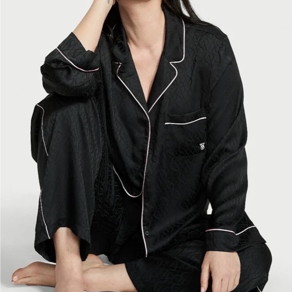 Victoria's Secret Satin Black Pajama Set with Pink Trim